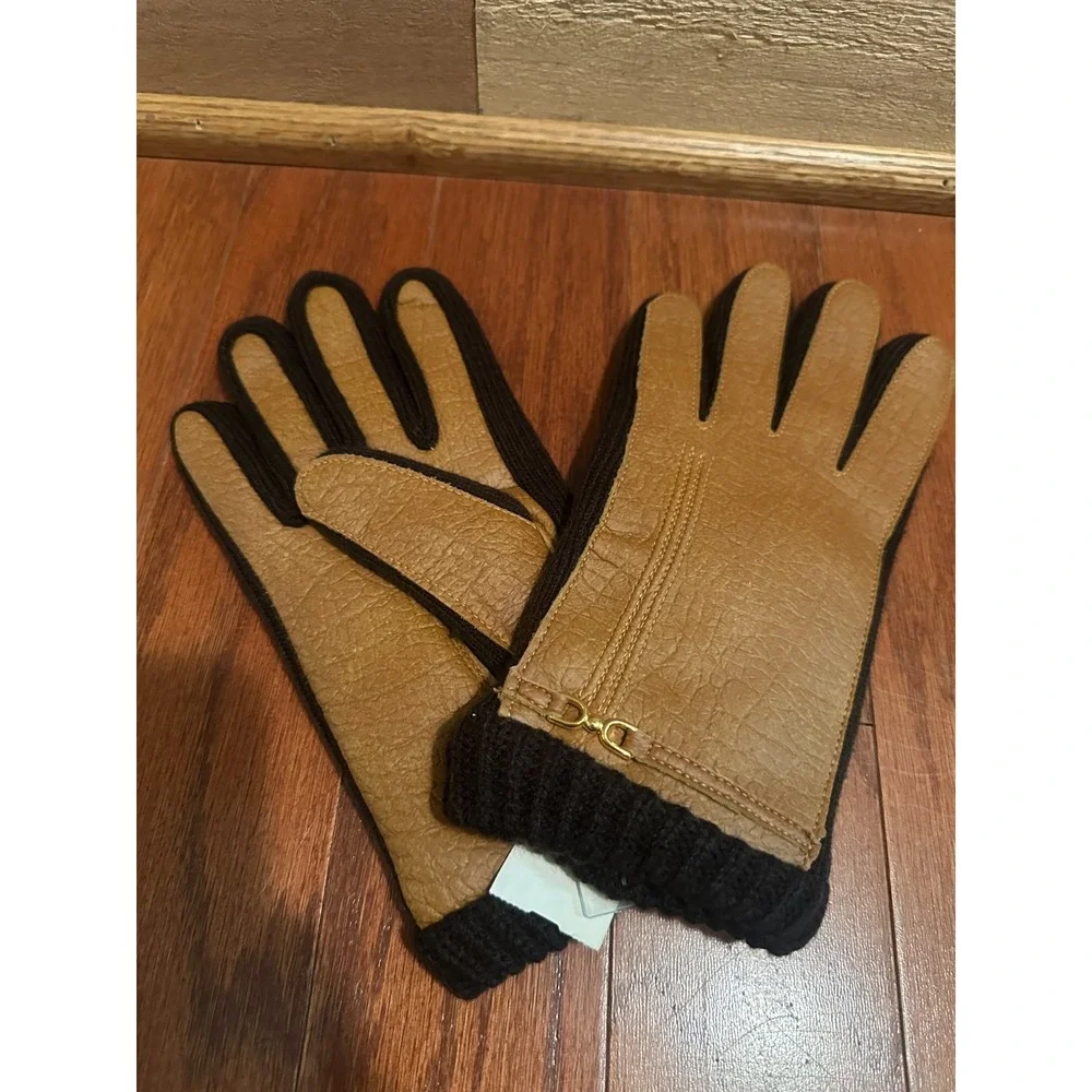 Vintage Tan Faux Leather Gloves S/M Brown Knit 1950s 1960s Chic Taiwan NOS New